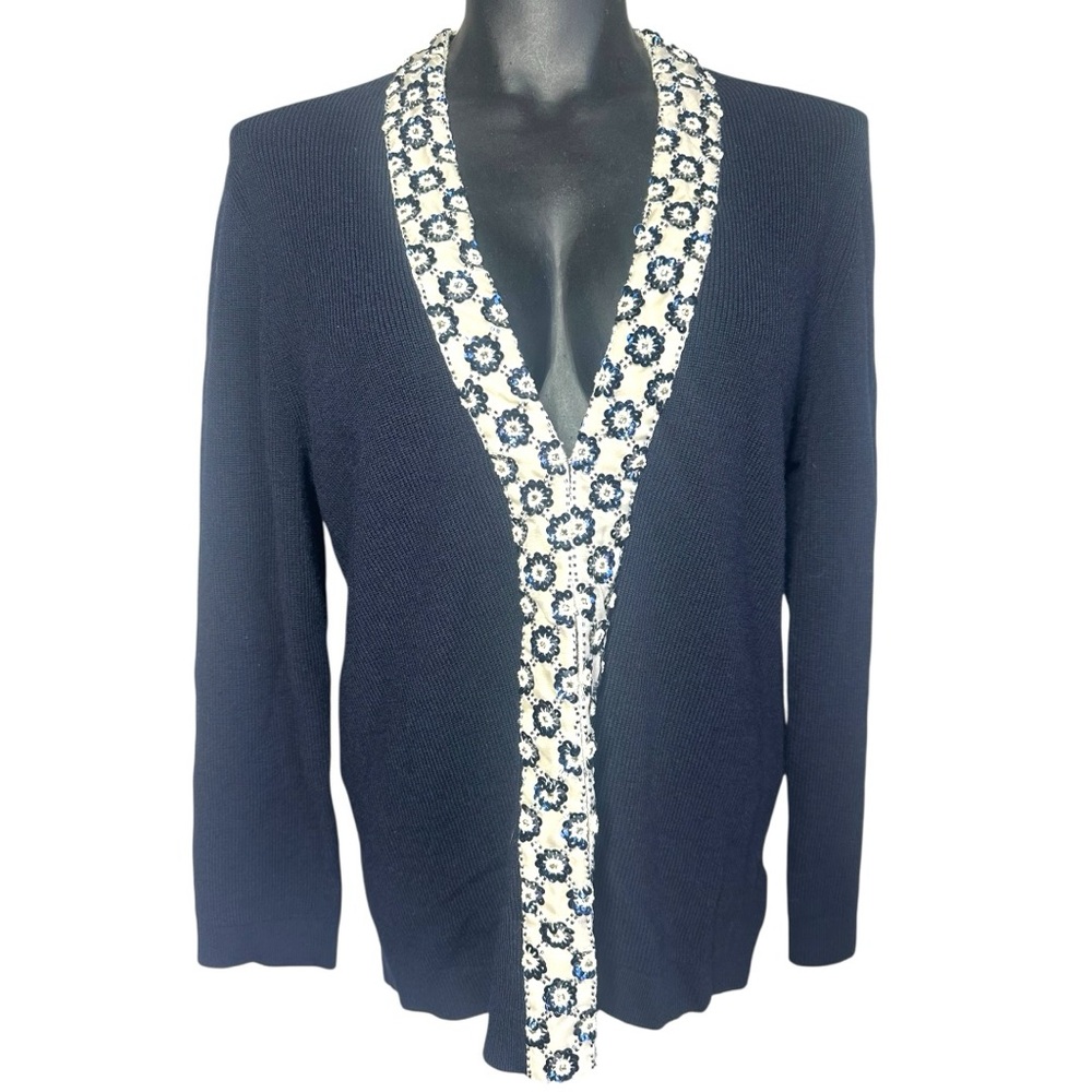 Tory Burch Merino Wool Printed Cardigan Sweater Large Navy Blue Sequins V-Neck - Picture 9 of 13